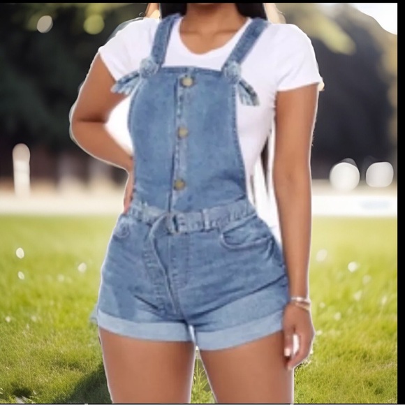 90’s Style Trend Stone Wash Style Button High Waist Overalls Demin Jumper Shorts - Picture 11 of 16